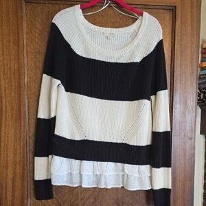 Maison Jules Black and Cream Striped Sweater with Ruffle Hem